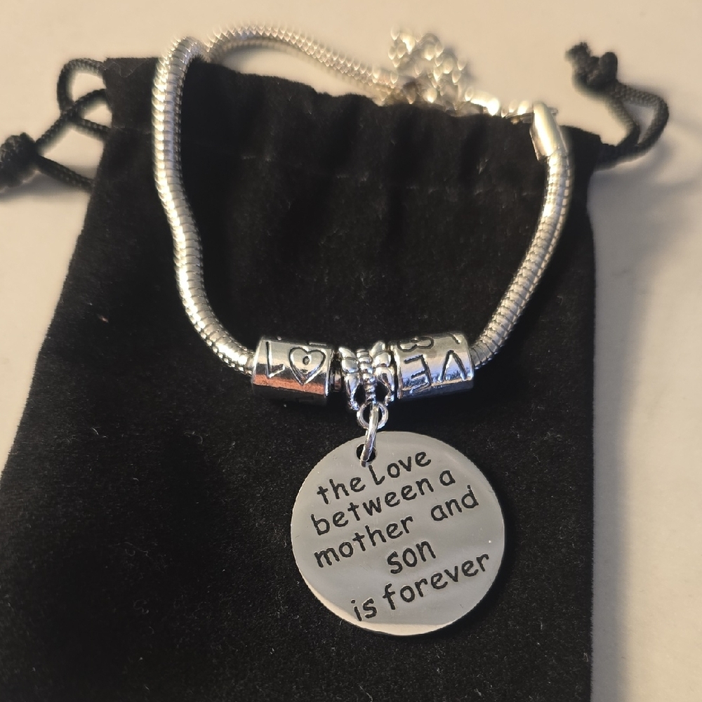 Silver-Tone 'Mother and Son' Engraved Charm Bracelet New